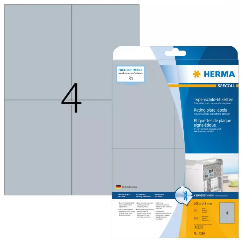 Label self-adhesive HERMA Rating plate labels A4 105x148 mm silver extra strong adhesion film matt 100 St.