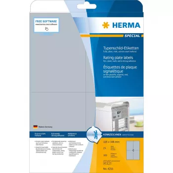 Label self-adhesive HERMA Rating plate labels A4 105x148 mm silver extra strong adhesion film matt 100 St.