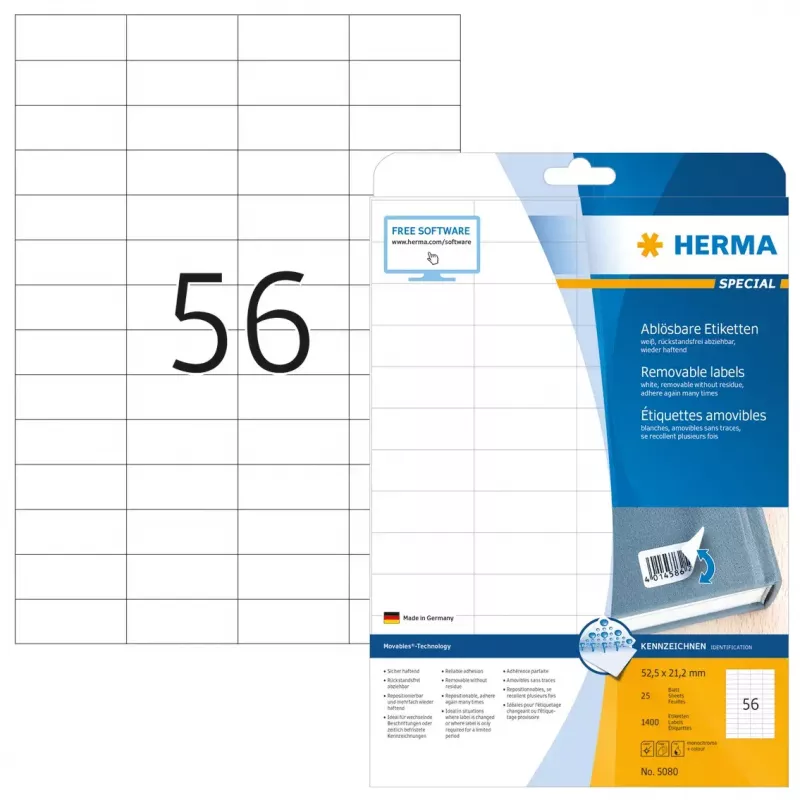 Removable labels HERMA A4 52.5x21.2 mm white 1400 pcs
