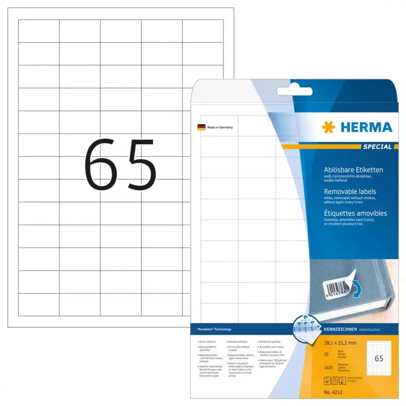 Self-adhesive printer label HERMA 1625 pcs A4 38.1x21.2 mm
