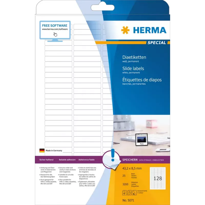 Slide labels HERMA A4 43.2x8.5 mm white paper matt 3200 pcs