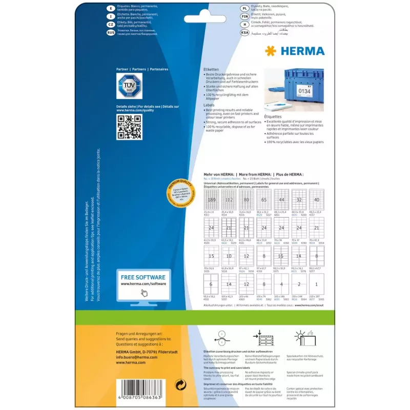 Self-adhesive printer label HERMA Labels Premium A4 210x148 mm