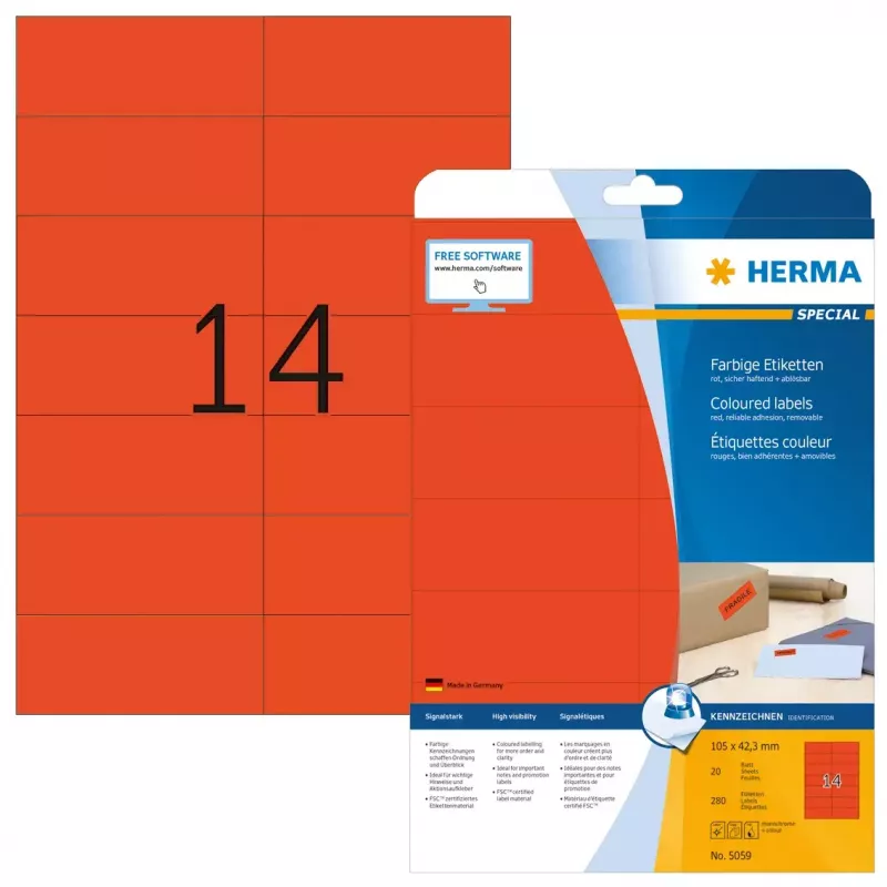 Self-adhesive printer label HERMA Coloured labels A4 105x42.3 mm red
