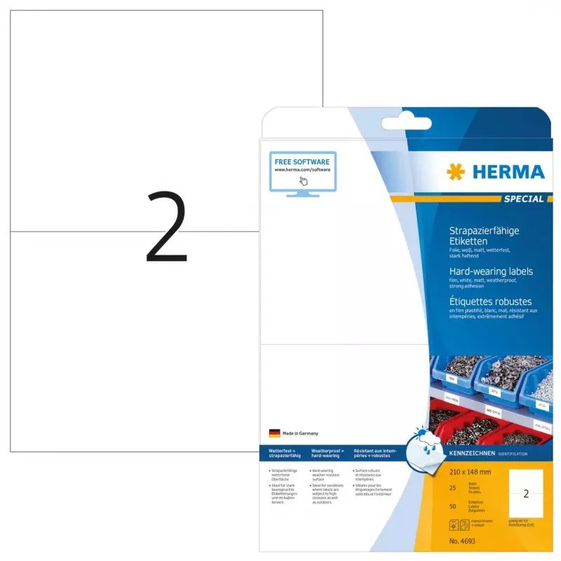 Self-adhesive printer label HERMA Labels hard-wearing A4 210x148 mm
