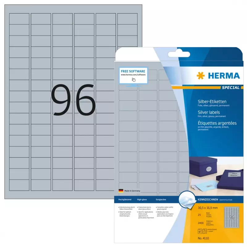 Self-adhesive printer label HERMA Labels A4 30.5x16.9 mm silver film glossy 2400 pcs
