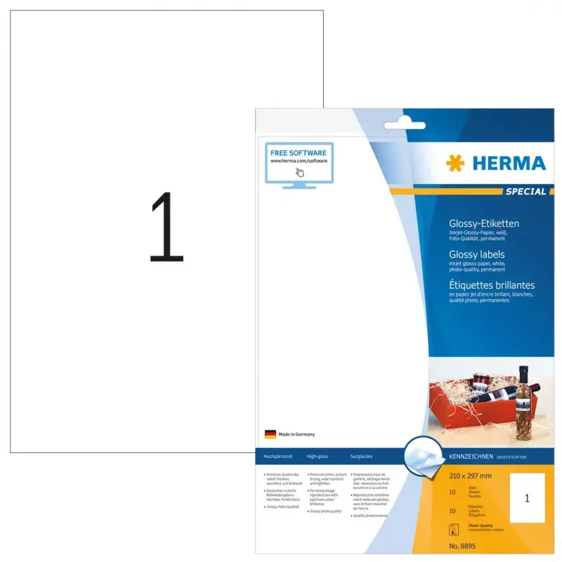 Self-adhesive printer label HERMA Inkjet glossy labels A4 210x297 mm white paper glossy 10 pcs.