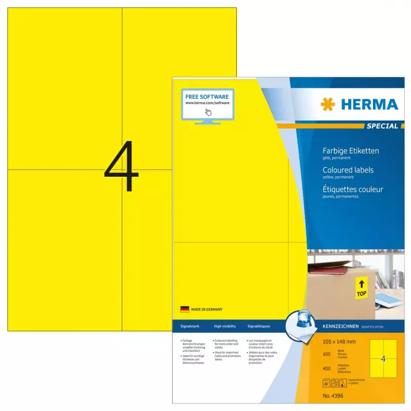 Self-adhesive printer label HERMA Coloured Labels A4 105x148 mm yellow paper matt 400 pcs