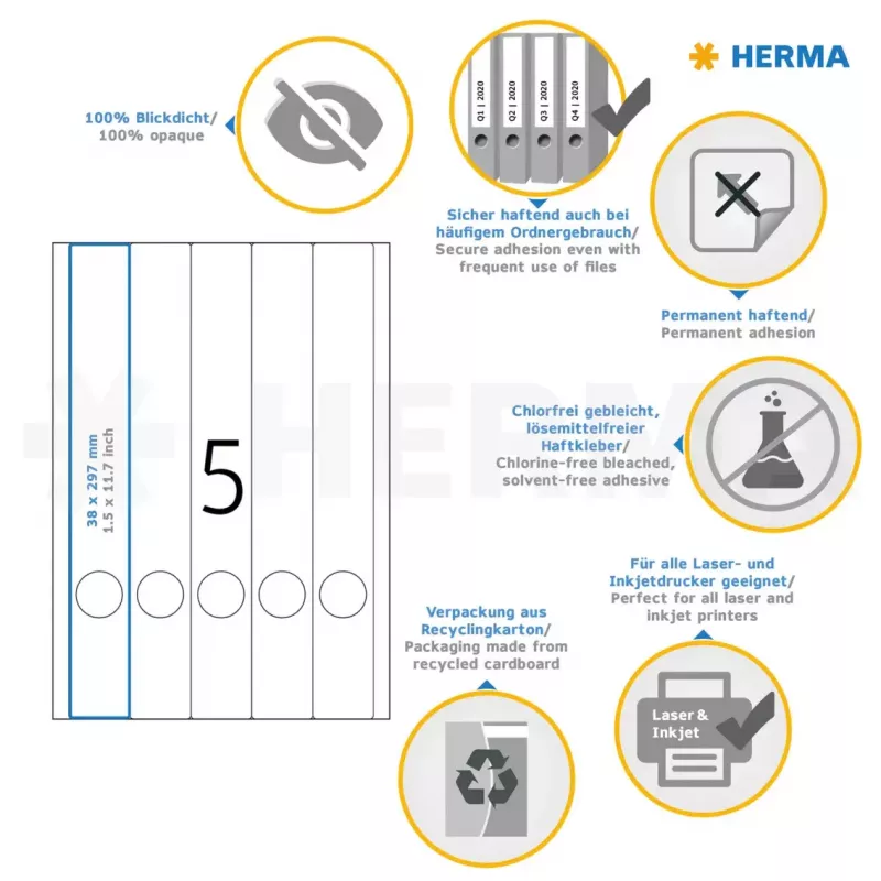 File labels HERMA A4 38x297 mm white paper matt opaque 125 pcs