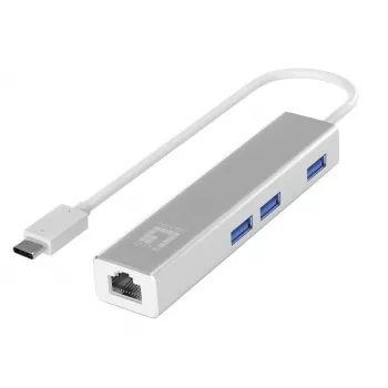 LevelOne Gigabit USB-C Network Adapter with USB Hub, Wired, USB Type-C, Ethernet, 1000 Mbit/s, Silver