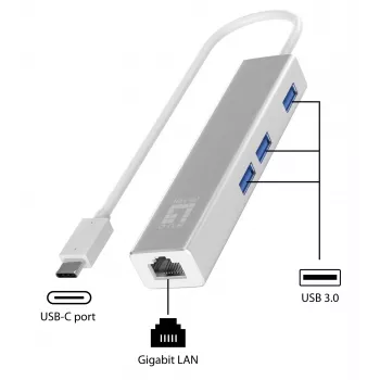 LevelOne Gigabit USB-C Network Adapter with USB Hub, Wired, USB Type-C, Ethernet, 1000 Mbit/s, Silver