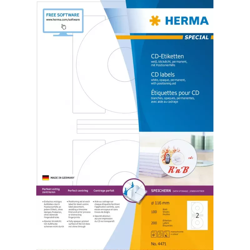 CD labels HERMA A4 Ø 116 mm white paper matt opaque 200 pcs