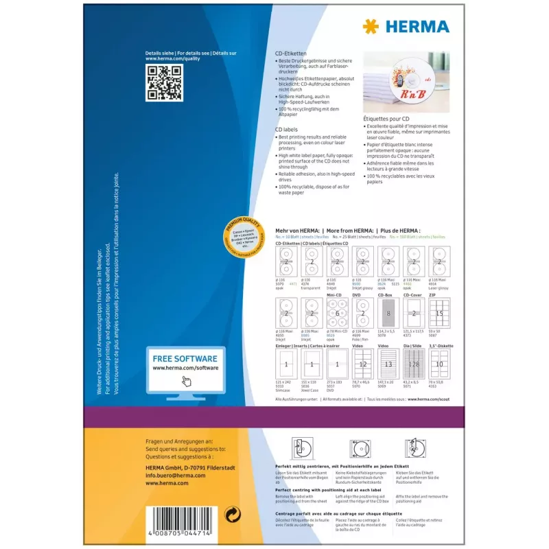 CD labels HERMA A4 Ø 116 mm white paper matt opaque 200 pcs