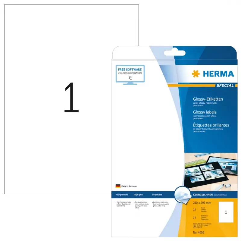 Self-adhesive printer label HERMA Labels A4 210x297 mm white paper glossy 25 pcs