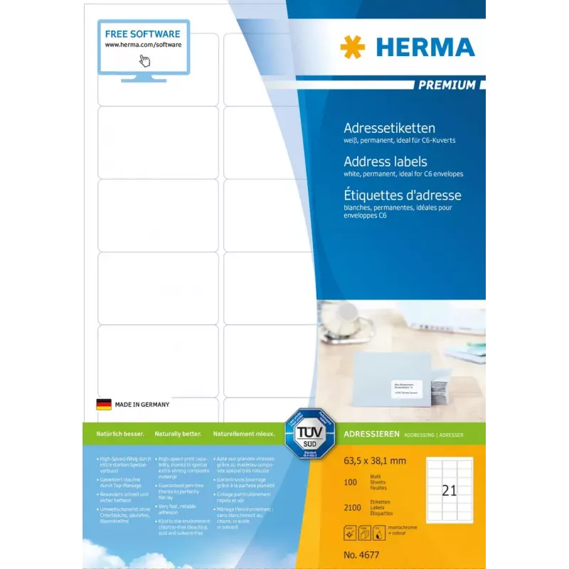 Address labels HERMA Premium A4 63.5x38.1 mm 2100 pcs