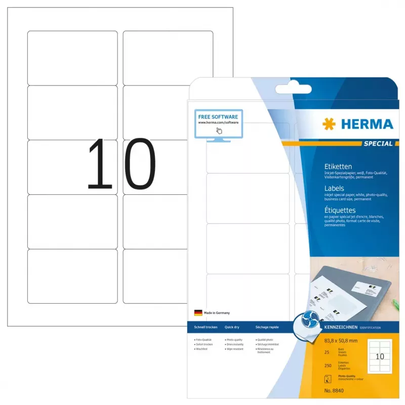 Self-adhesive printer label HERMA Inkjet labels A4 83.8x50.8 mm