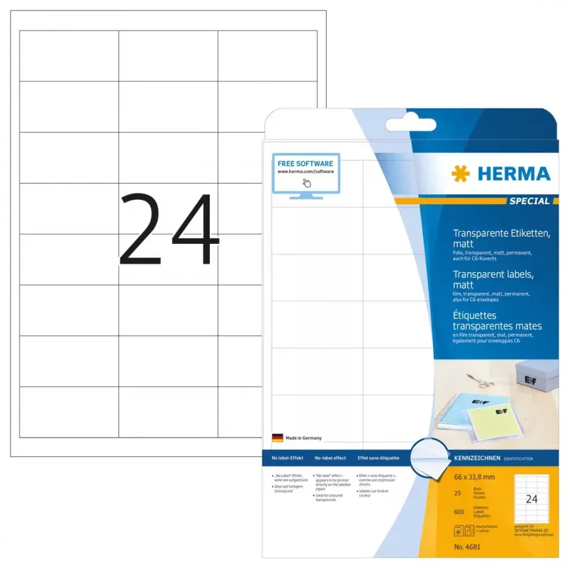 Self-adhesive printer label HERMA Labels transparent matt A4 66x33.8 mm film 600 pcs.