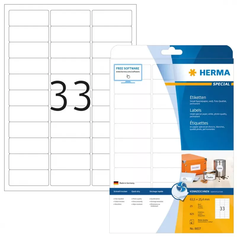 Inkjet labels HERMA A4 63.5x25.4 mm 825 pcs