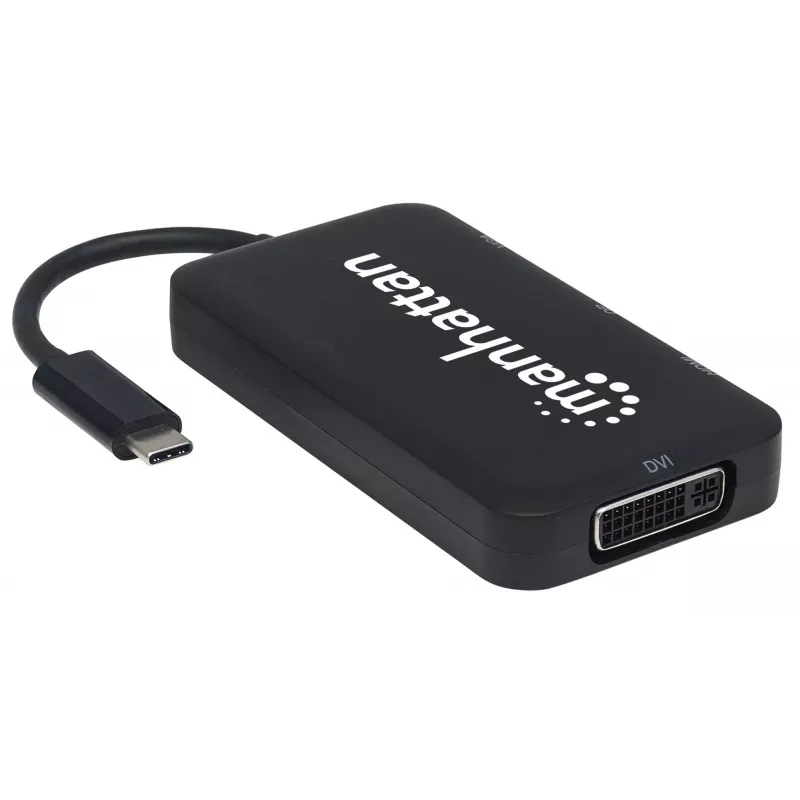 Manhattan USB-C Dock/Hub, Ports (x4): DisplayPort, DVI-I, HDMI or VGA, Note: Only One Port can be used at a time, External Power Supply Not Needed, Universal for all devices, Cable 8cm, Black, Three Year Warranty