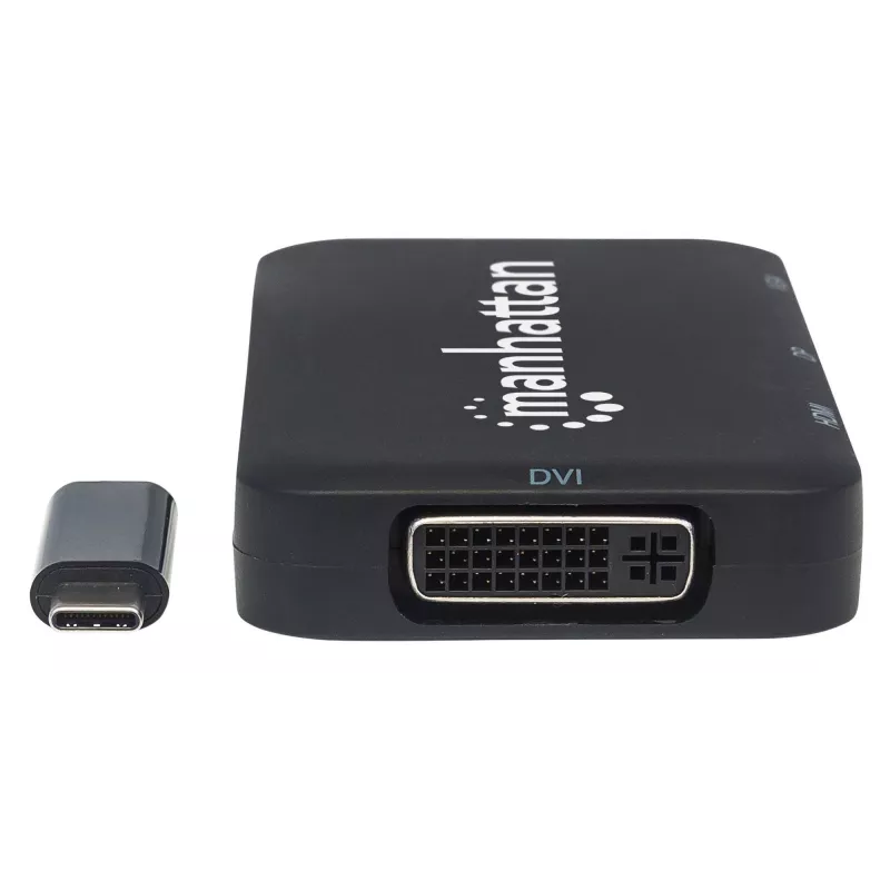 Manhattan USB-C Dock/Hub, Ports (x4): DisplayPort, DVI-I, HDMI or VGA, Note: Only One Port can be used at a time, External Power Supply Not Needed, Universal for all devices, Cable 8cm, Black, Three Year Warranty
