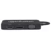 Manhattan USB-C Dock/Hub, Ports (x4): DisplayPort, DVI-I, HDMI or VGA, Note: Only One Port can be used at a time, External Power Supply Not Needed, Universal for all devices, Cable 8cm, Black, Three Year Warranty