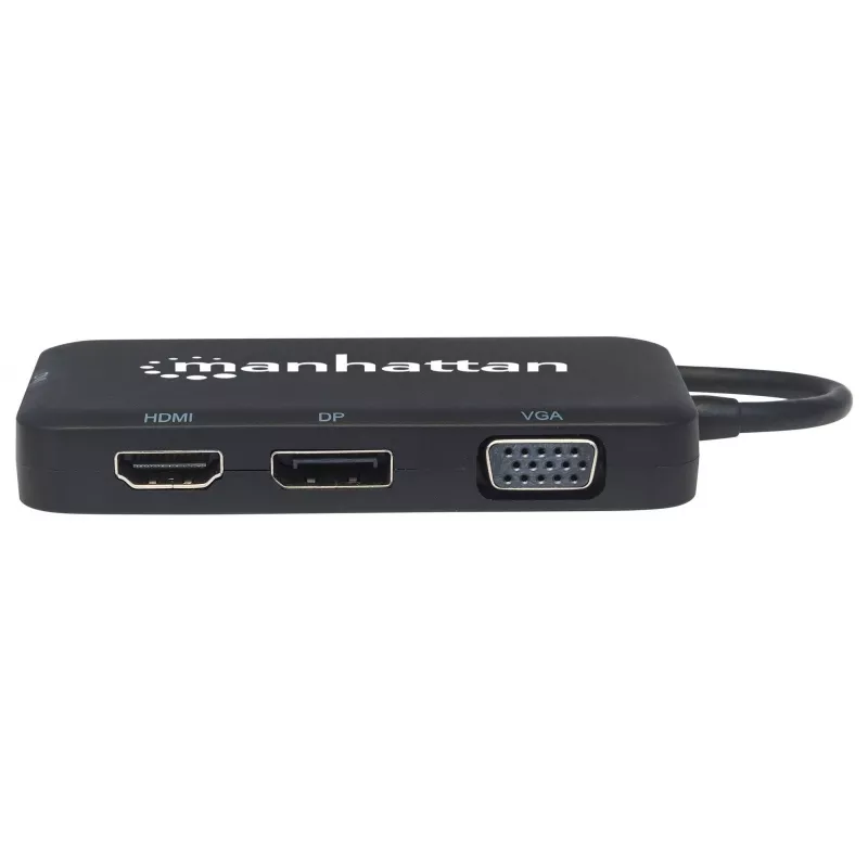 Manhattan USB-C Dock/Hub, Ports (x4): DisplayPort, DVI-I, HDMI or VGA, Note: Only One Port can be used at a time, External Power Supply Not Needed, Universal for all devices, Cable 8cm, Black, Three Year Warranty