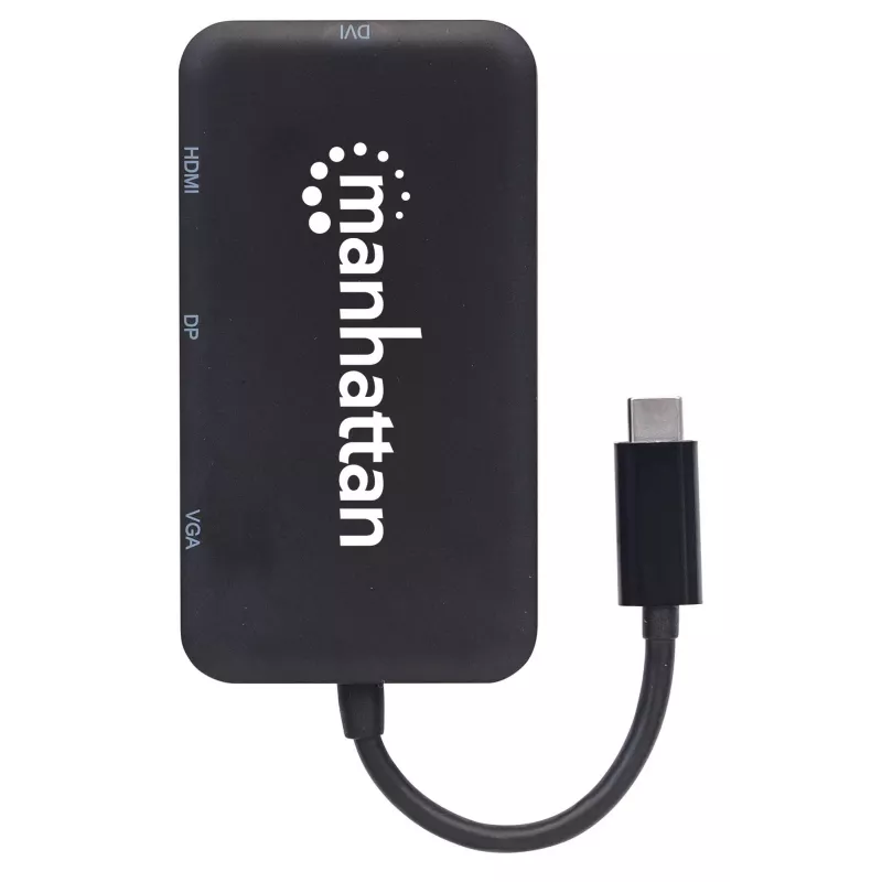 Manhattan USB-C Dock/Hub, Ports (x4): DisplayPort, DVI-I, HDMI or VGA, Note: Only One Port can be used at a time, External Power Supply Not Needed, Universal for all devices, Cable 8cm, Black, Three Year Warranty