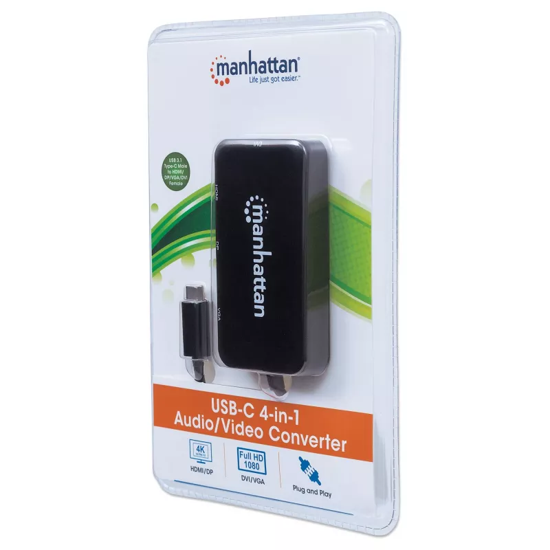 Manhattan USB-C Dock/Hub, Ports (x4): DisplayPort, DVI-I, HDMI or VGA, Note: Only One Port can be used at a time, External Power Supply Not Needed, Universal for all devices, Cable 8cm, Black, Three Year Warranty