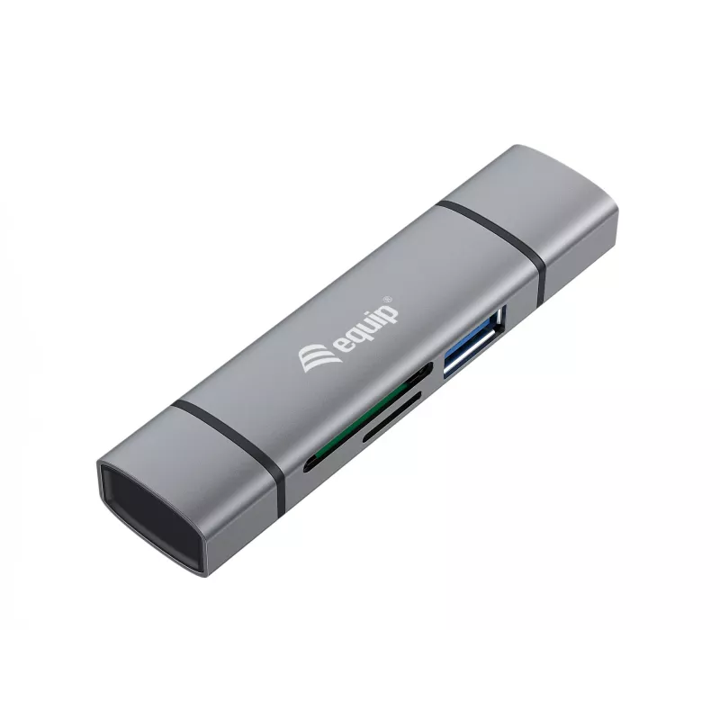 Equip Card Reader with USB 3.0 Hub, OTG, MicroSD (TransFlash), MicroSDHC, SD, SDHC, Grey, CE & RoHS, USB 3.2 Gen 1 (3.1 Gen 1) Type-A/Type-C, 202 mm, 12 mm