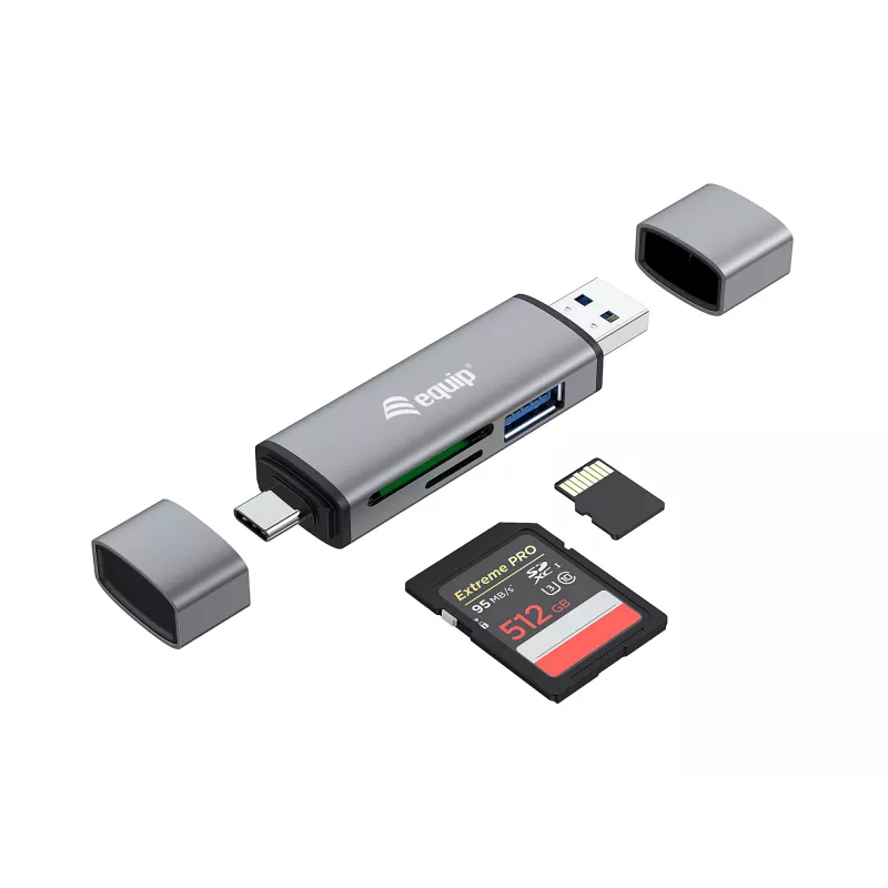 Equip Card Reader with USB 3.0 Hub, OTG, MicroSD (TransFlash), MicroSDHC, SD, SDHC, Grey, CE & RoHS, USB 3.2 Gen 1 (3.1 Gen 1) Type-A/Type-C, 202 mm, 12 mm