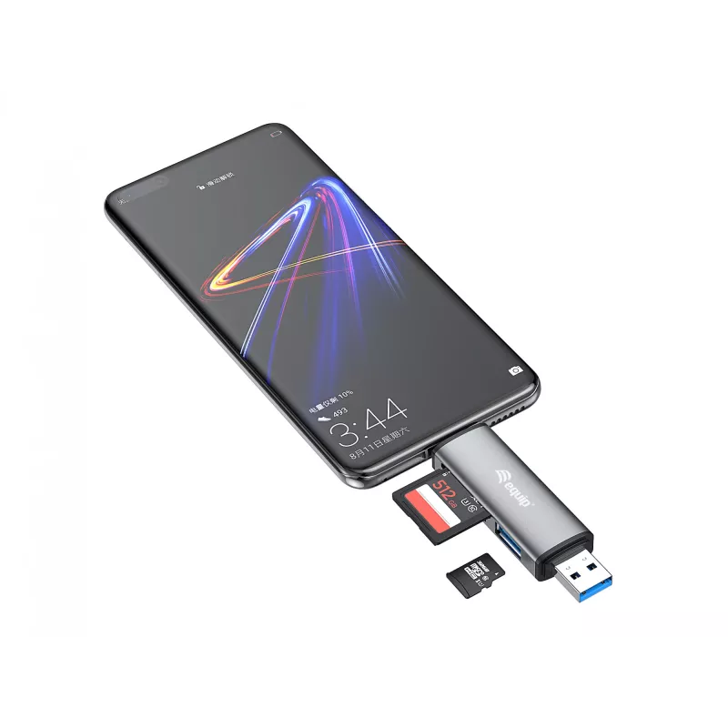 Equip Card Reader with USB 3.0 Hub, OTG, MicroSD (TransFlash), MicroSDHC, SD, SDHC, Grey, CE & RoHS, USB 3.2 Gen 1 (3.1 Gen 1) Type-A/Type-C, 202 mm, 12 mm