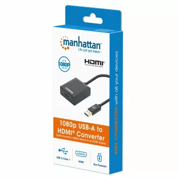 Manhattan USB-A to HDMI Cable, 1080p@60Hz, Converts USB 3.2 Gen1 (aka USB 3.0) signal to HDMI, 15cm, Black, Male to Female, Three Year Warranty