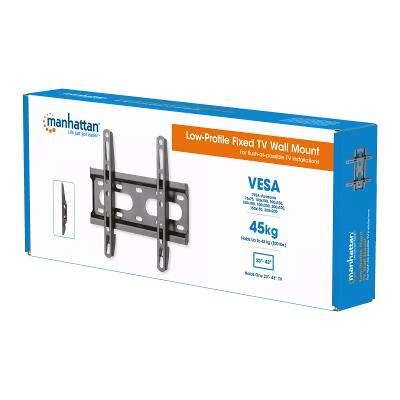 Manhattan Wall Mount for TV & Monitors (Fixed Ultra Slim), For screens 23 inch to 42 inch, VESA compatibility: all between 75x75mm to 200x200mm - check the dimensions of the four mounting holes on back of screen to ensure it fits, Max 45kg, Black, Bracket