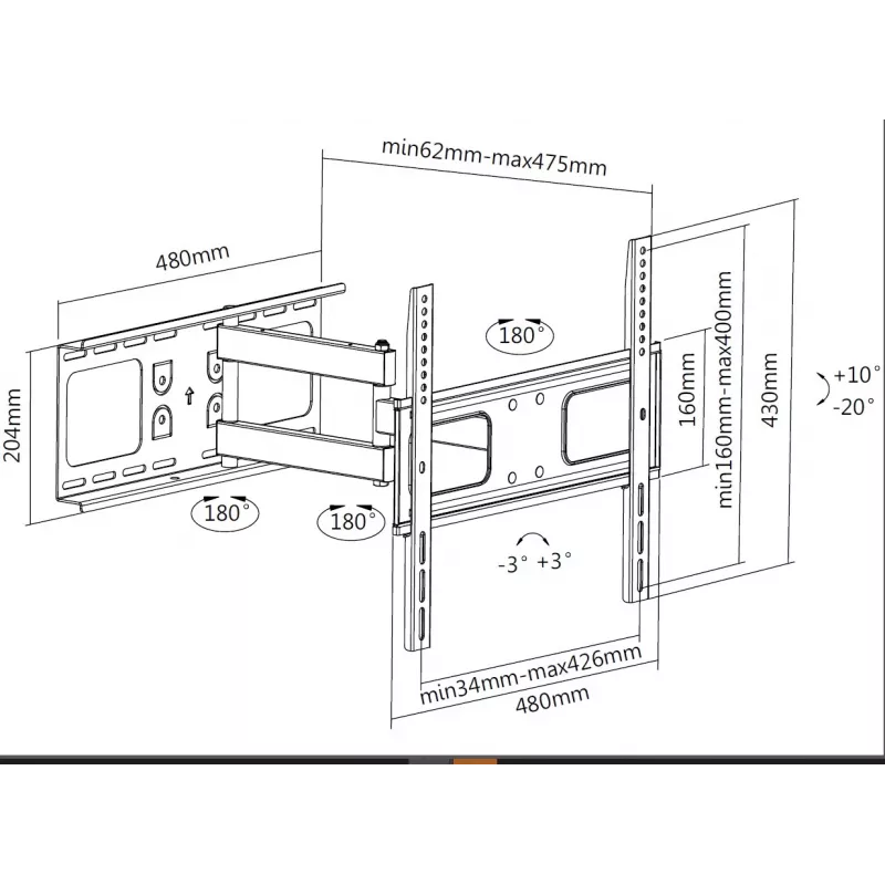 Equip 32 inch-55” Articulating TV Wall Mount Bracket, 200 x 200 mm, 400 x 400 mm, -20 - 10°, -90 - 90°, Steel, Black