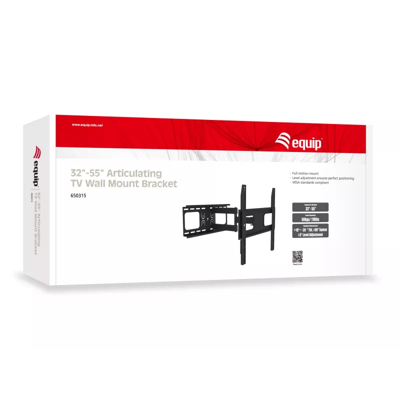 Equip 32 inch-55” Articulating TV Wall Mount Bracket, 200 x 200 mm, 400 x 400 mm, -20 - 10°, -90 - 90°, Steel, Black