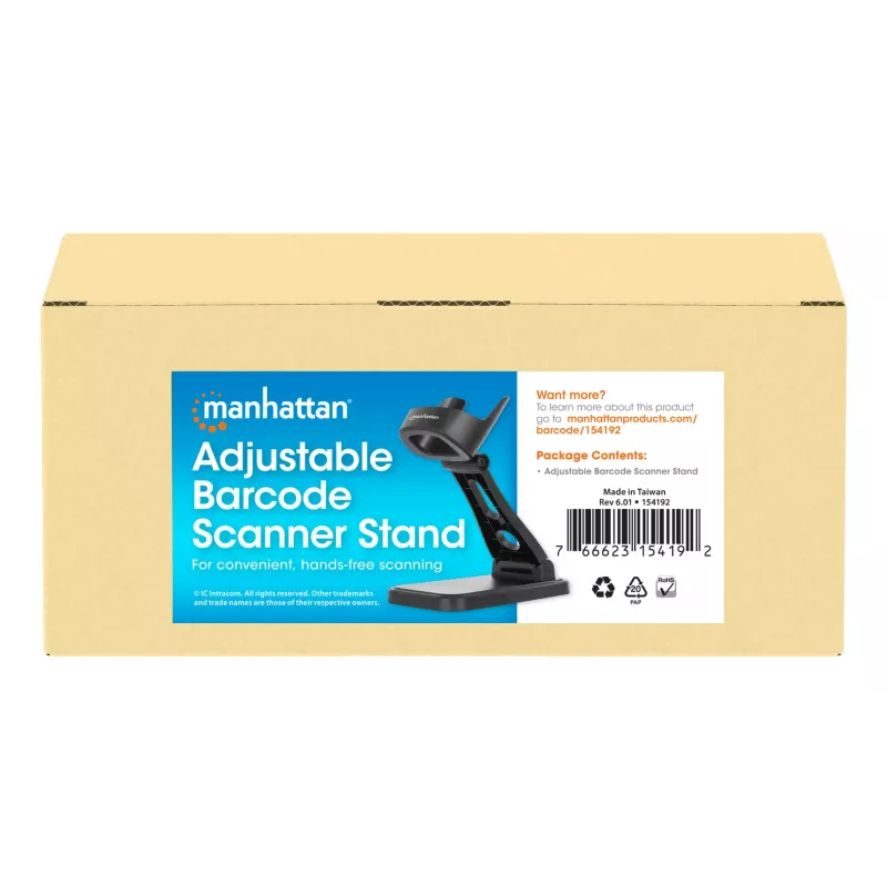 Manhattan Adjustable Barcode Scanner Stand, Height and Angle Adjustable, suitable for barcode scanner products 153997, 154116 and 154185, Black, Lifetime Warranty