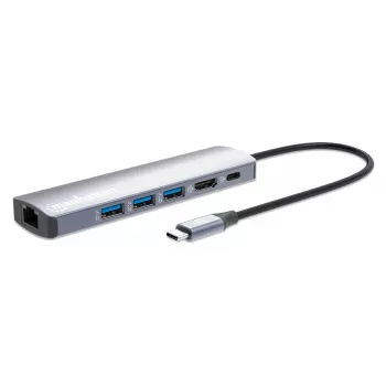 Manhattan USB-C Dock/Hub, Ports (x6): Ethernet, HDMI, USB-A (x3) and USB-C, with Power Delivery (PD) 100W- requires external USB-C charger (not included). USB powered (no external power supply required) when PD is not in use