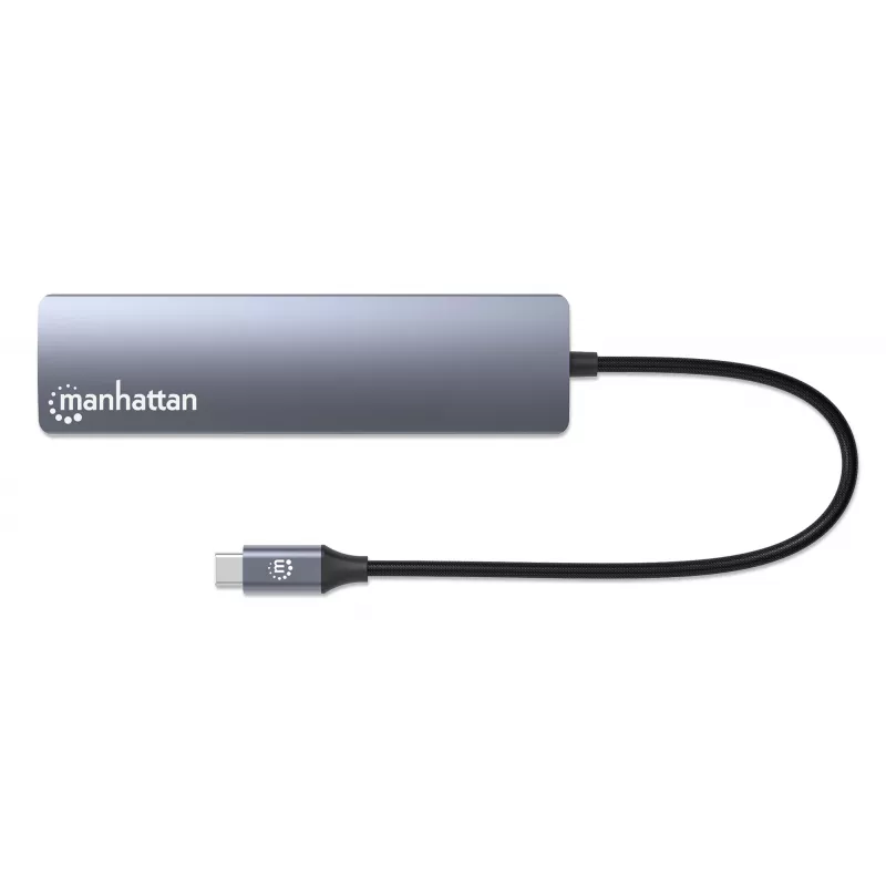 Manhattan USB-C Dock/Hub, Ports (x6): Ethernet, HDMI, USB-A (x3) and USB-C, with Power Delivery (PD) 100W- requires external USB-C charger (not included). USB powered (no external power supply required) when PD is not in use