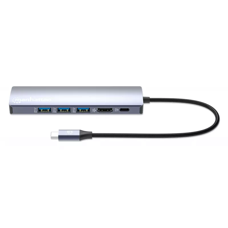 Manhattan USB-C Dock/Hub, Ports (x6): Ethernet, HDMI, USB-A (x3) and USB-C, with Power Delivery (PD) 100W- requires external USB-C charger (not included). USB powered (no external power supply required) when PD is not in use