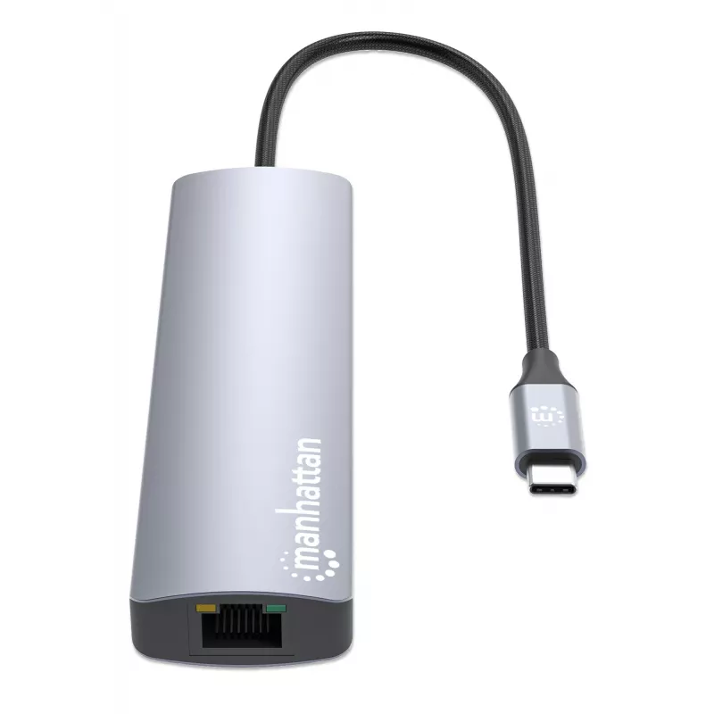 Manhattan USB-C Dock/Hub, Ports (x6): Ethernet, HDMI, USB-A (x3) and USB-C, with Power Delivery (PD) 100W- requires external USB-C charger (not included). USB powered (no external power supply required) when PD is not in use