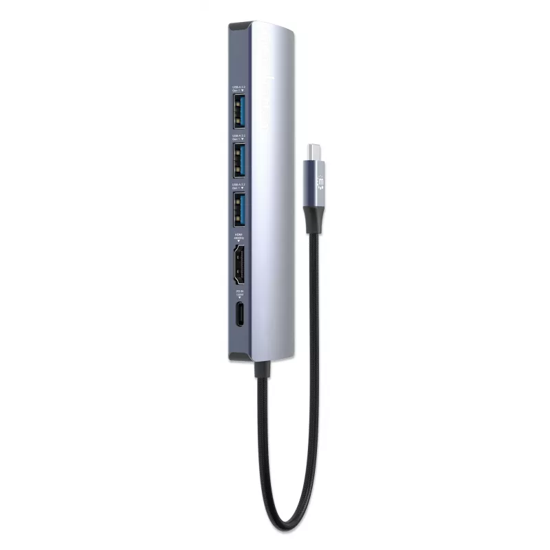 Manhattan USB-C Dock/Hub, Ports (x6): Ethernet, HDMI, USB-A (x3) and USB-C, with Power Delivery (PD) 100W- requires external USB-C charger (not included). USB powered (no external power supply required) when PD is not in use