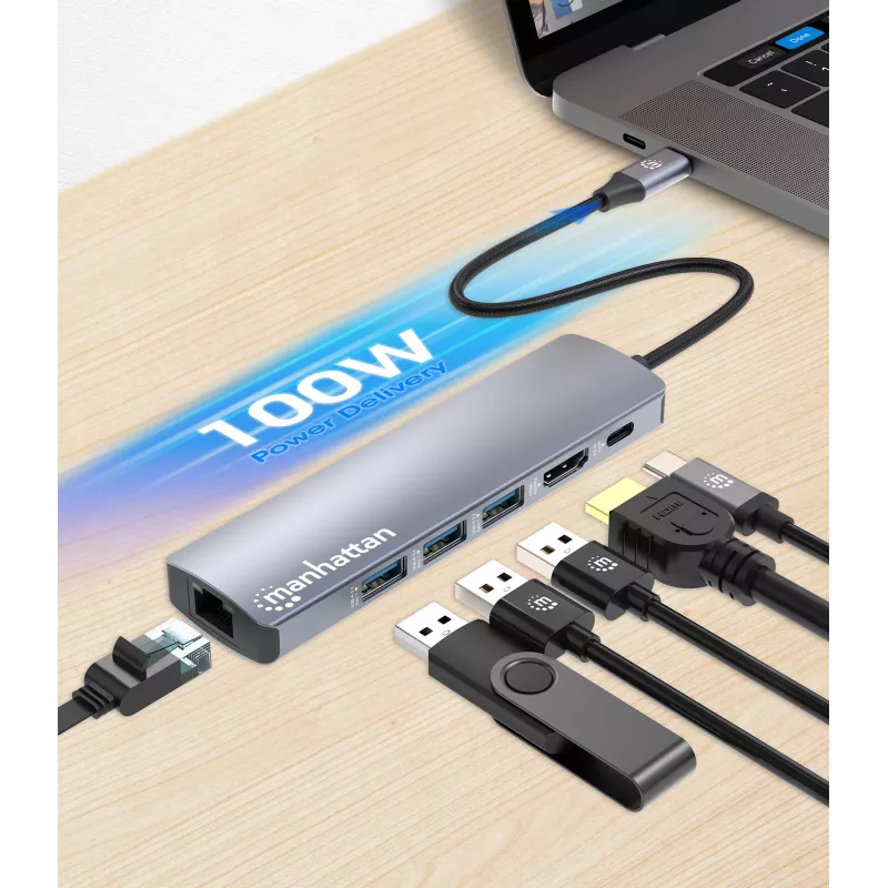 Manhattan USB-C Dock/Hub, Ports (x6): Ethernet, HDMI, USB-A (x3) and USB-C, with Power Delivery (PD) 100W- requires external USB-C charger (not included). USB powered (no external power supply required) when PD is not in use