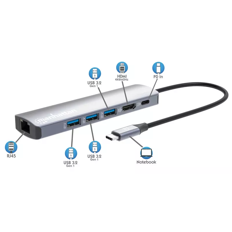 Manhattan USB-C Dock/Hub, Ports (x6): Ethernet, HDMI, USB-A (x3) and USB-C, with Power Delivery (PD) 100W- requires external USB-C charger (not included). USB powered (no external power supply required) when PD is not in use