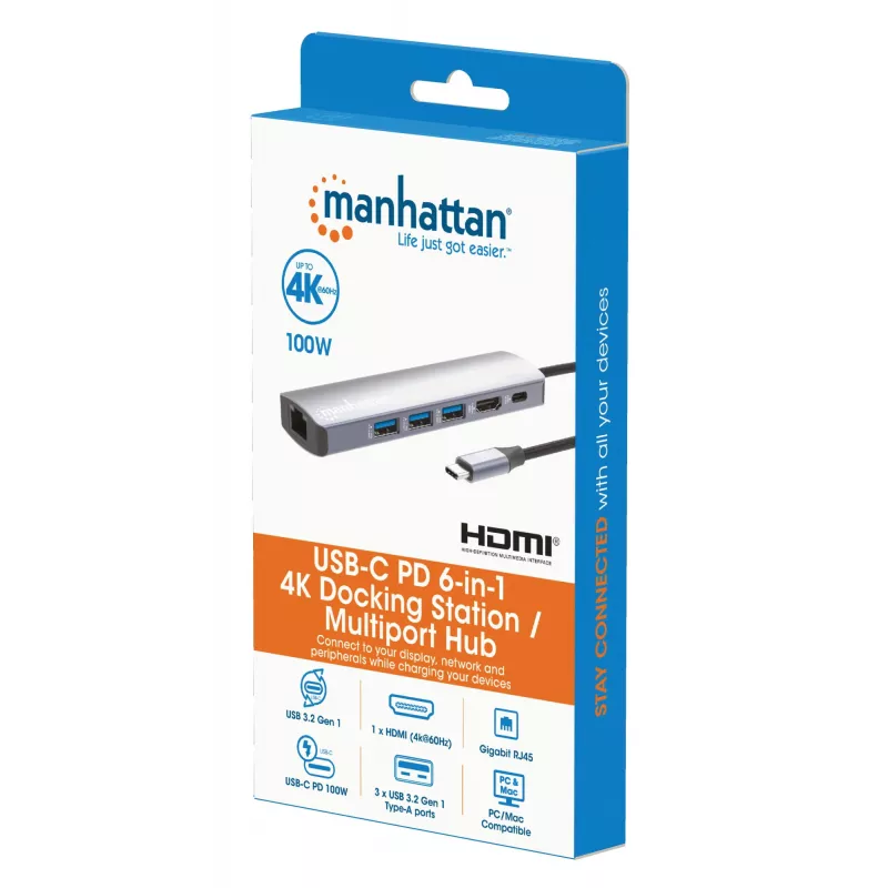 Manhattan USB-C Dock/Hub, Ports (x6): Ethernet, HDMI, USB-A (x3) and USB-C, with Power Delivery (PD) 100W- requires external USB-C charger (not included). USB powered (no external power supply required) when PD is not in use