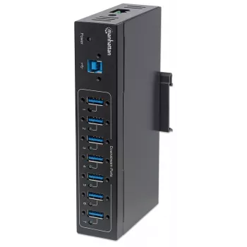 Manhattan USB-A 7-Port Hub Industrial, 7x USB-A Ports, 5 Gbps (USB 3.2 Gen1 aka USB 3.0), 20 kV ESD Protection, A/C, Bus and Terminal-Block Power Options, DIN Rail, Wall Mountable, Metal Housing, Screw-Lock Security