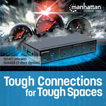 Manhattan USB-A 7-Port Hub Industrial, 7x USB-A Ports, 5 Gbps (USB 3.2 Gen1 aka USB 3.0), 20 kV ESD Protection, A/C, Bus and Terminal-Block Power Options, DIN Rail, Wall Mountable, Metal Housing, Screw-Lock Security