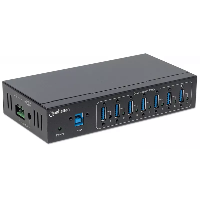 Manhattan USB-A 7-Port Hub Industrial, 7x USB-A Ports, 5 Gbps (USB 3.2 Gen1 aka USB 3.0), 20 kV ESD Protection, A/C, Bus and Terminal-Block Power Options, DIN Rail, Wall Mountable, Metal Housing, Screw-Lock Security