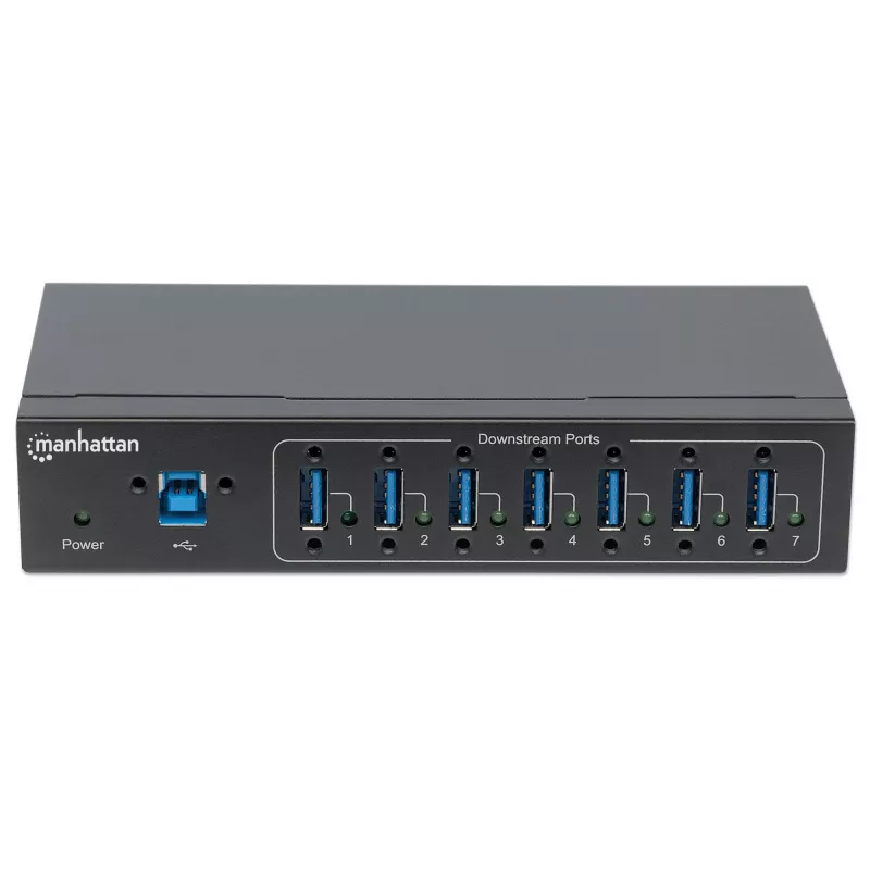 Manhattan USB-A 7-Port Hub Industrial, 7x USB-A Ports, 5 Gbps (USB 3.2 Gen1 aka USB 3.0), 20 kV ESD Protection, A/C, Bus and Terminal-Block Power Options, DIN Rail, Wall Mountable, Metal Housing, Screw-Lock Security