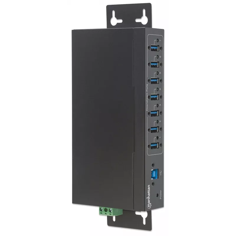 Manhattan USB-A 7-Port Hub Industrial, 7x USB-A Ports, 5 Gbps (USB 3.2 Gen1 aka USB 3.0), 20 kV ESD Protection, A/C, Bus and Terminal-Block Power Options, DIN Rail, Wall Mountable, Metal Housing, Screw-Lock Security