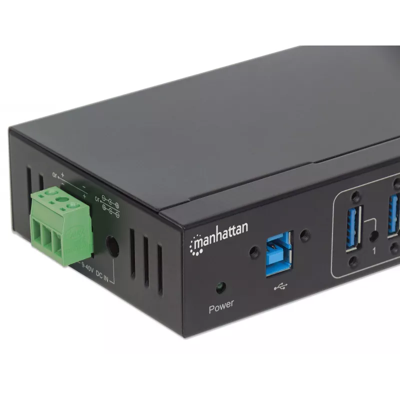 Manhattan USB-A 7-Port Hub Industrial, 7x USB-A Ports, 5 Gbps (USB 3.2 Gen1 aka USB 3.0), 20 kV ESD Protection, A/C, Bus and Terminal-Block Power Options, DIN Rail, Wall Mountable, Metal Housing, Screw-Lock Security
