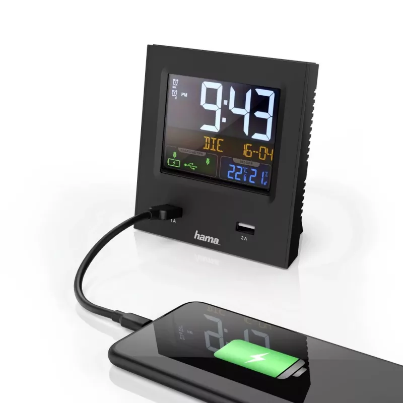 Hama Dual-USB Digital alarm clock Black